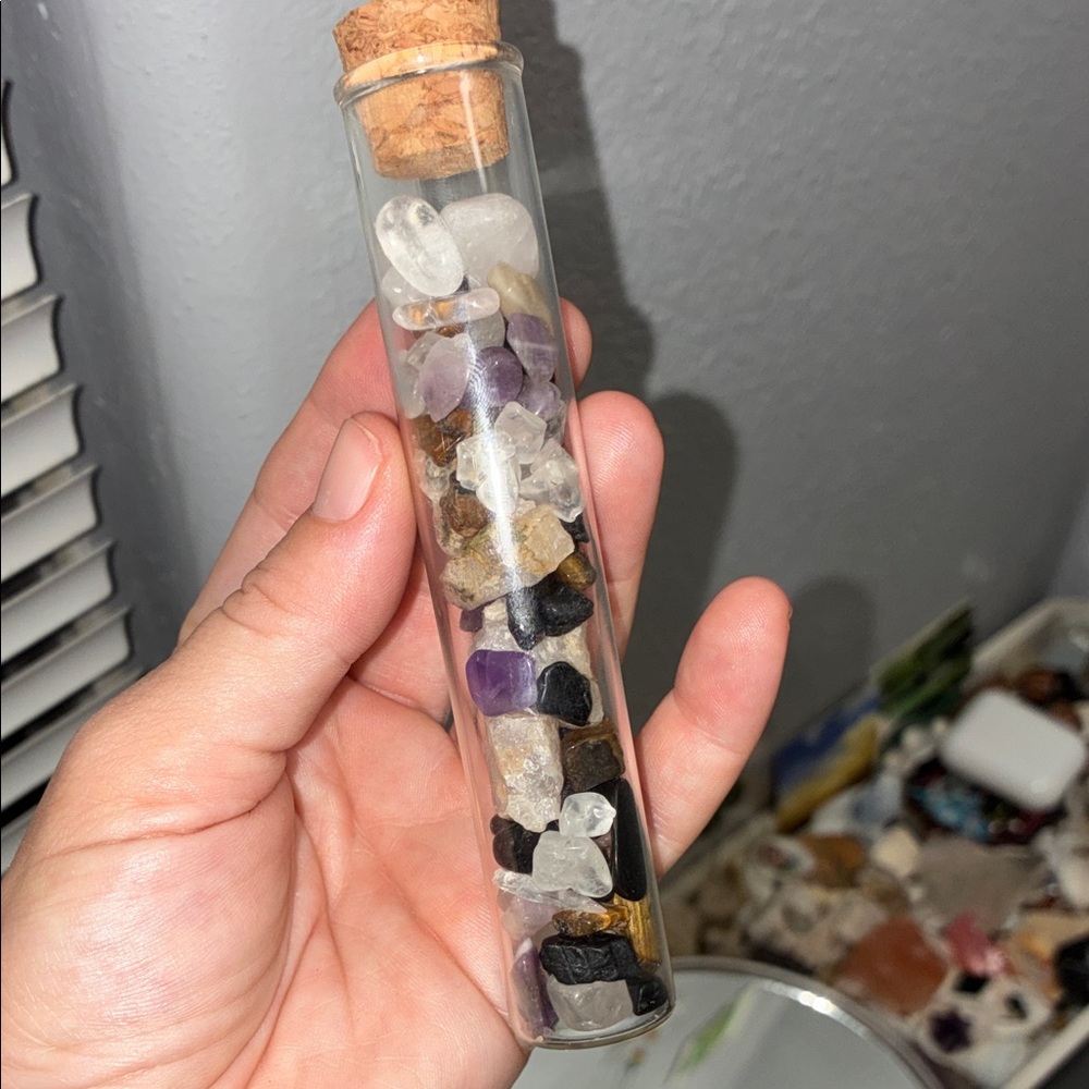 Mini Glass Vial Filled with Mixed Gemstone Chips - Brown, Black, White, Purple